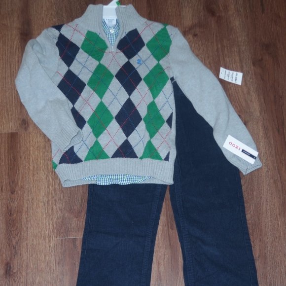 NWT Boys Izod 3pc Set Argyle Pullover Sweater Button Up Shirt Corduroy Pants 6/7
